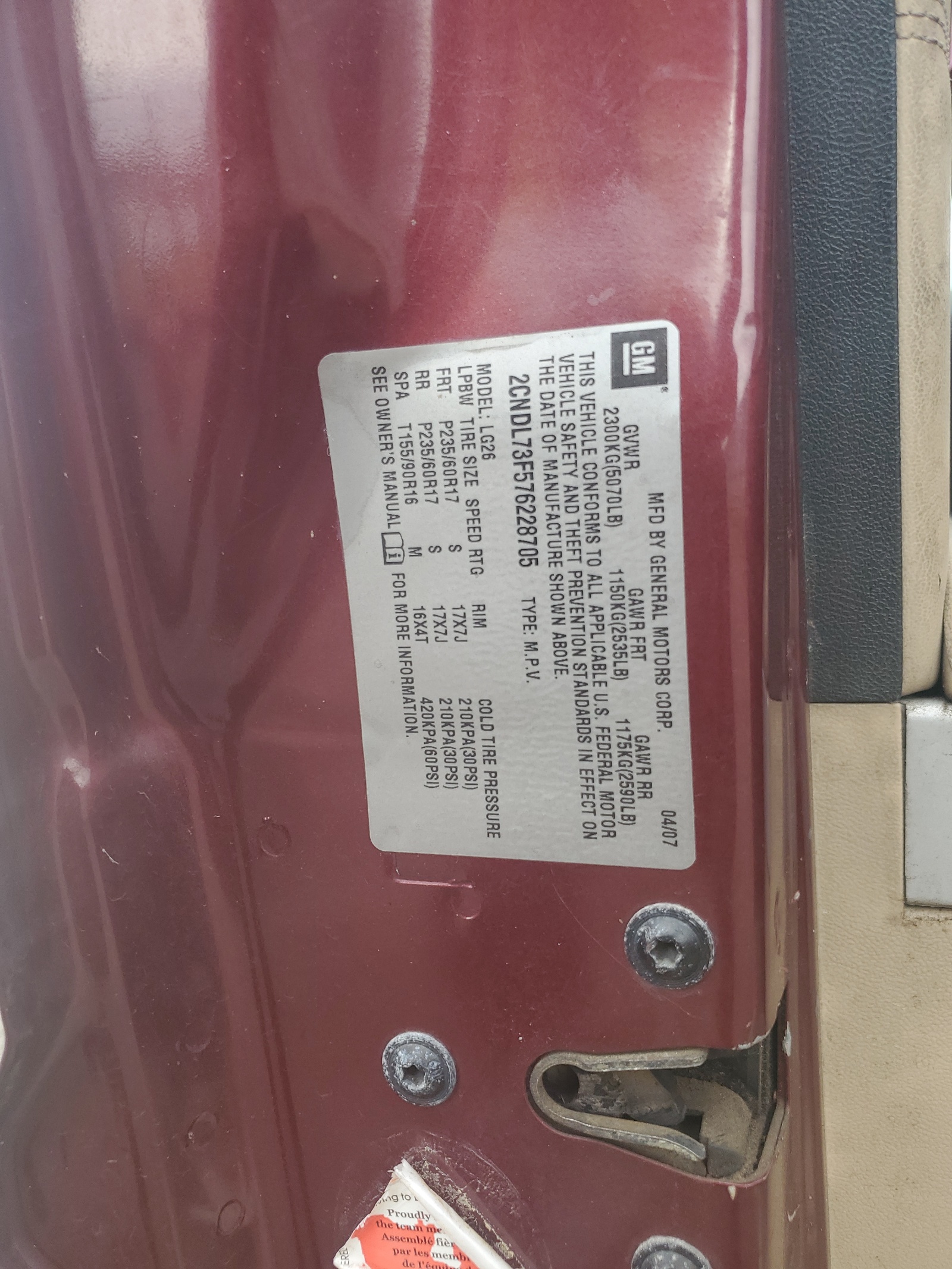 2CNDL73F576228705 2007 Chevrolet Equinox Lt