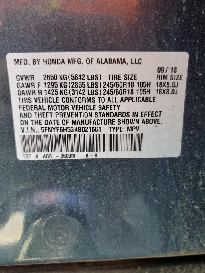 2019 Honda Pilot Exl VIN: 5FNYF6H53KB021661 Lot: 63098414