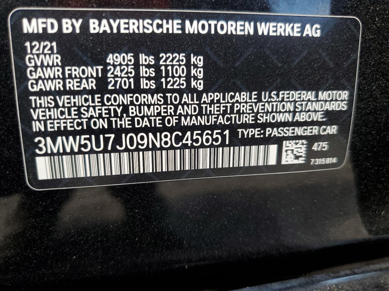 2022 BMW M340I VIN: 3MW5U7J09N8C45651 Lot: 62986744