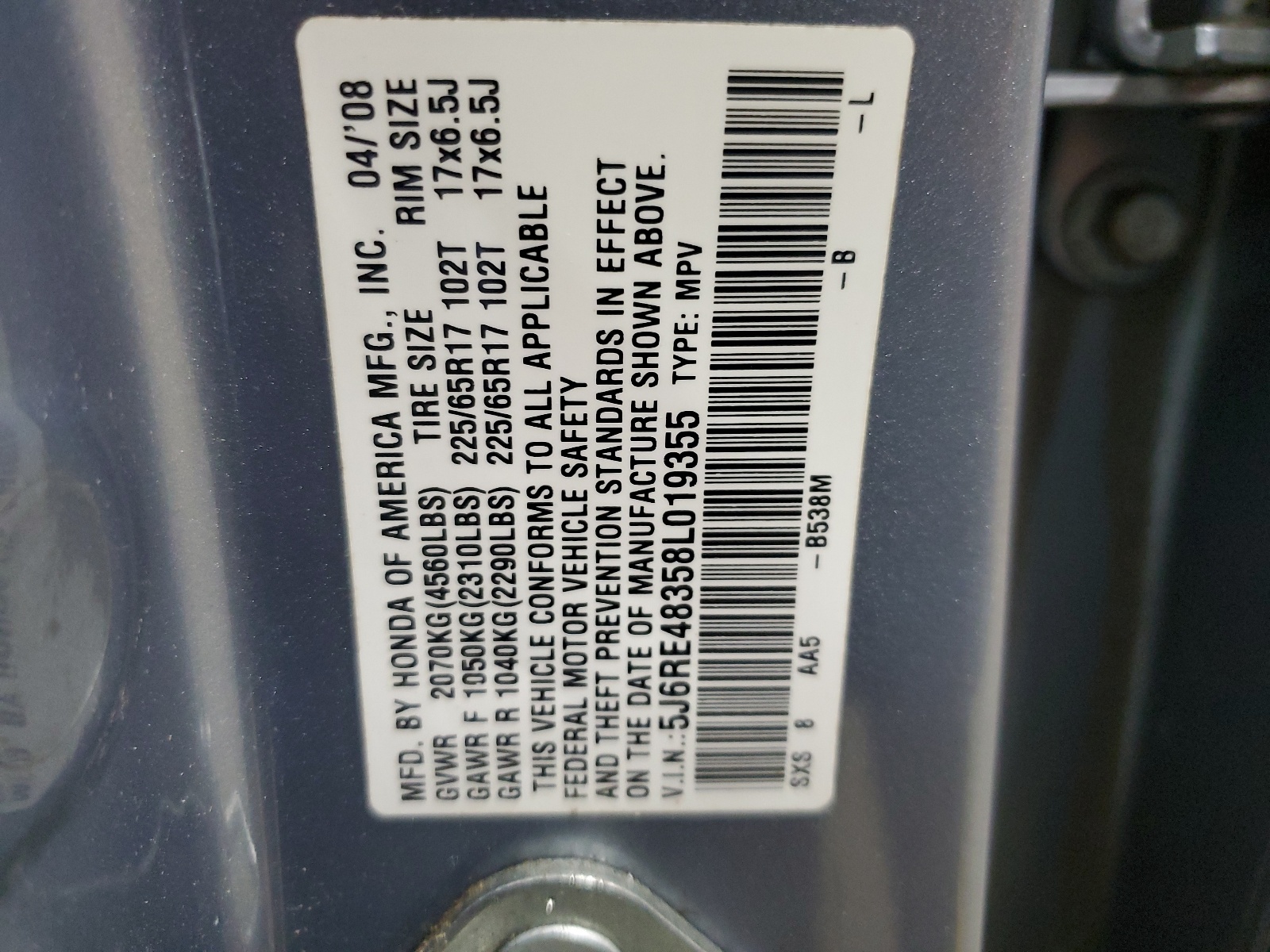 5J6RE48358L019355 2008 Honda Cr-V Lx