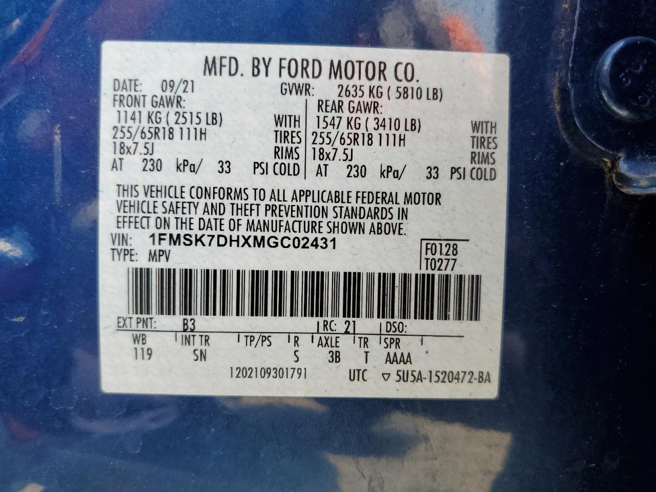 2021 Ford Explorer Xlt VIN: 1FMSK7DHXMGC02431 Lot: 64588254