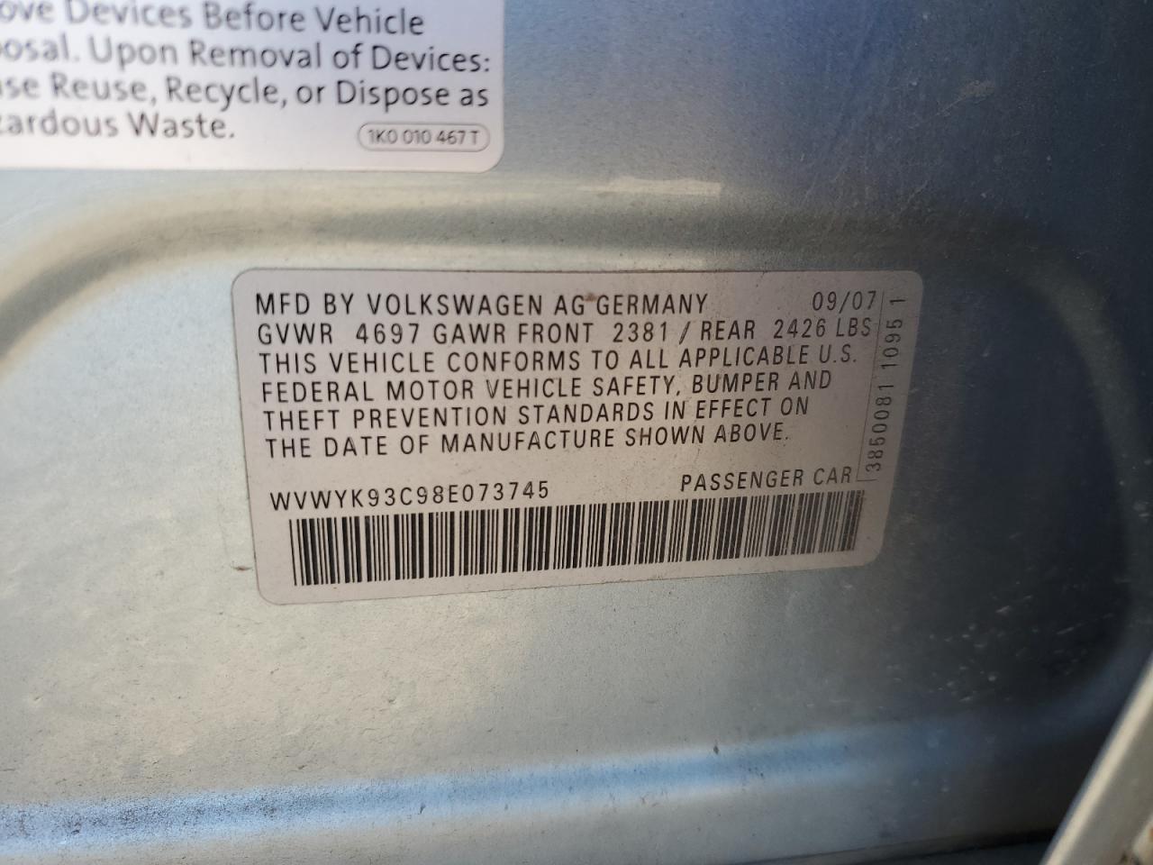 WVWYK93C98E073745 2008 Volkswagen Passat Wagon Turbo