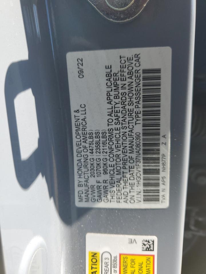 2022 Honda Accord Sport VIN: 1HGCV1F37NA080390 Lot: 64898704