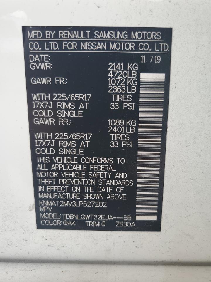 2020 Nissan Rogue S VIN: KNMAT2MV3LP527202 Lot: 64801034
