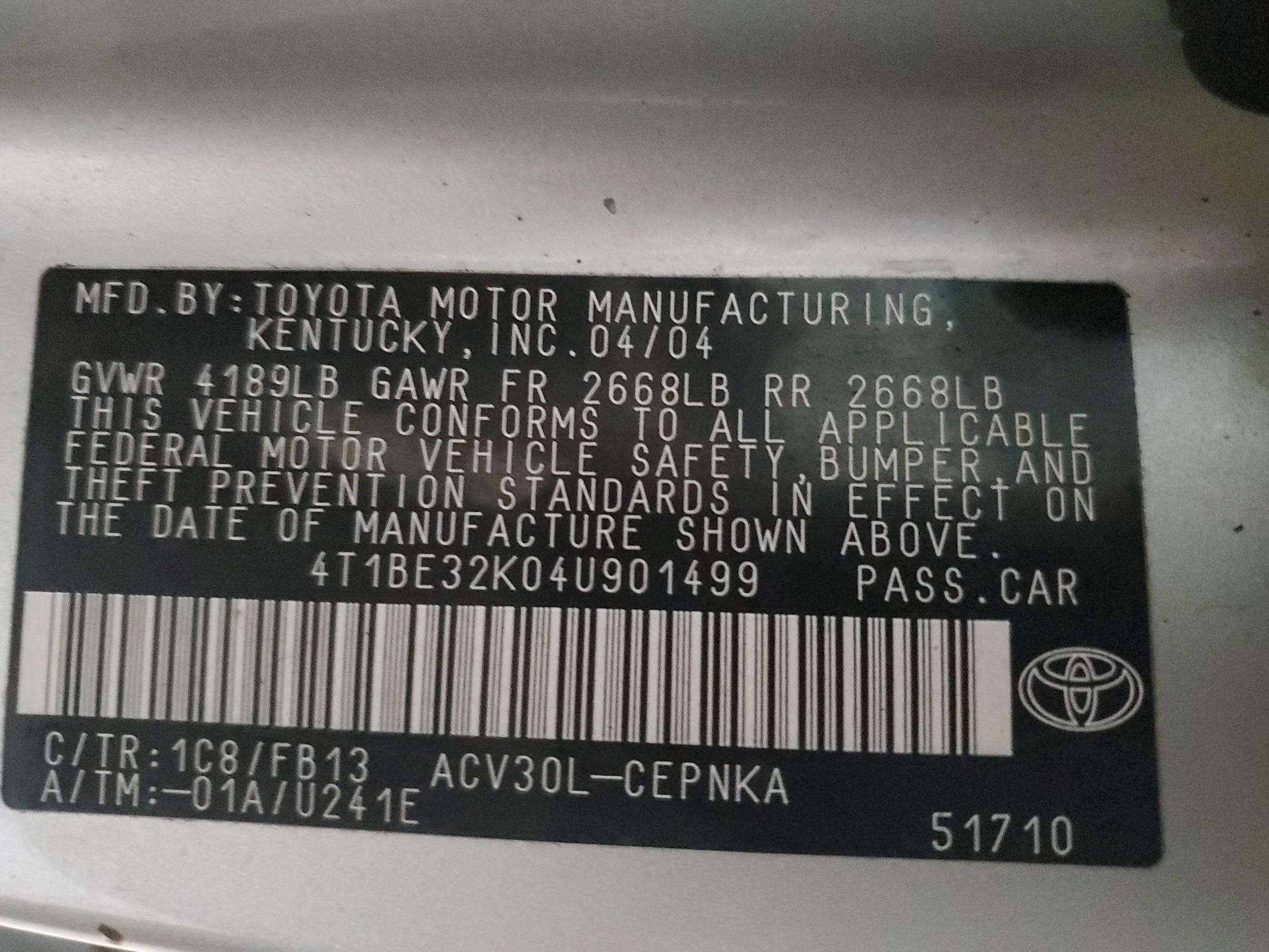 4T1BE32K04U901499 2004 Toyota Camry Le