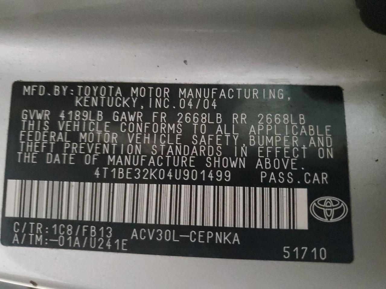 2004 Toyota Camry Le VIN: 4T1BE32K04U901499 Lot: 65415744