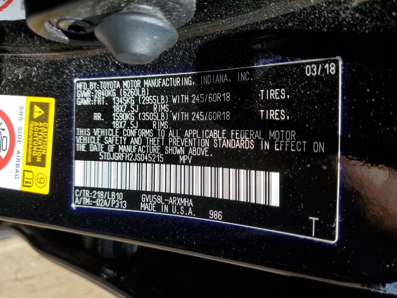 2018 Toyota Highlander Hybrid VIN: 5TDJGRFH2JS045215 Lot: 61429364