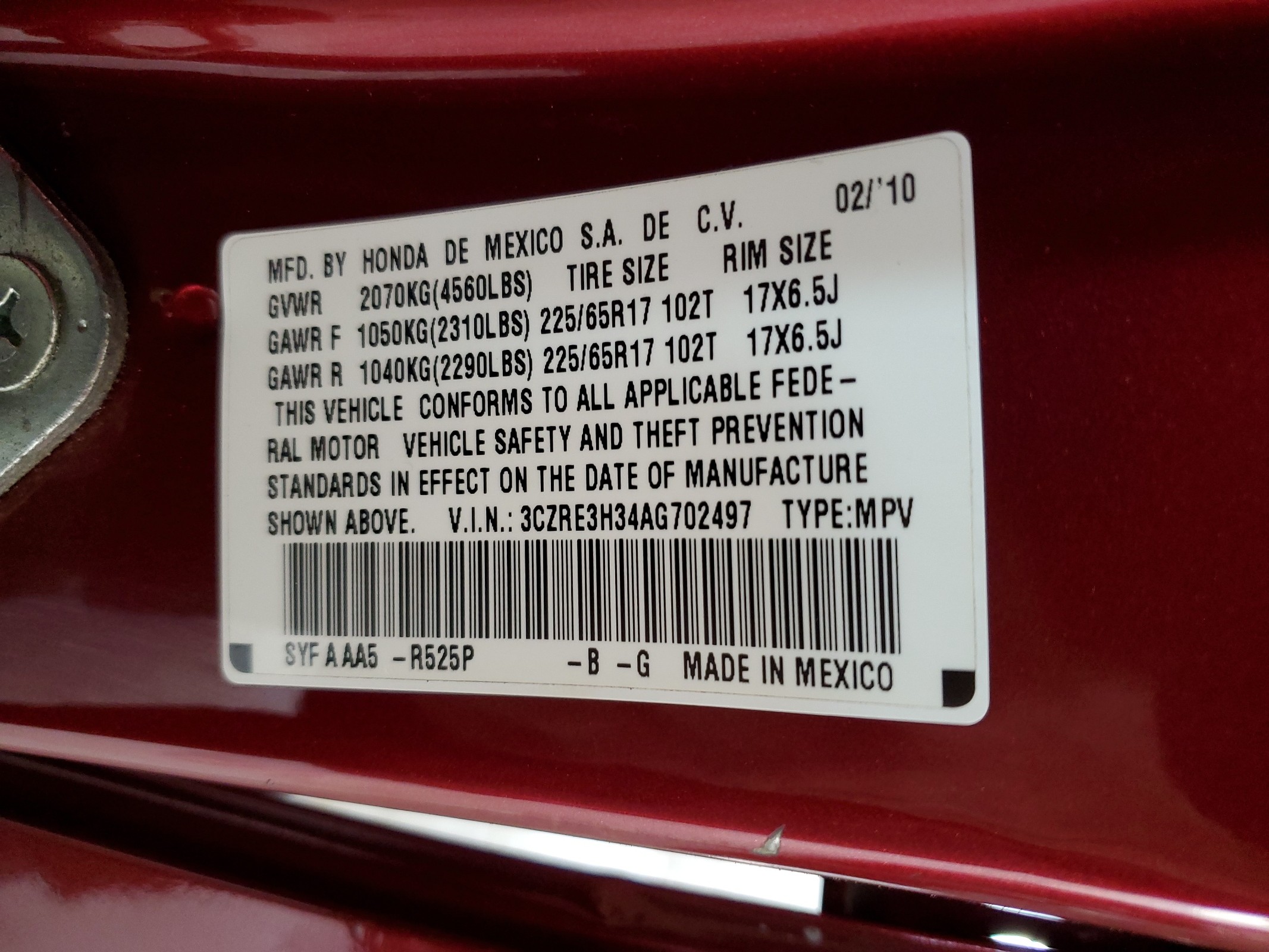 3CZRE3H34AG702497 2010 Honda Cr-V Lx