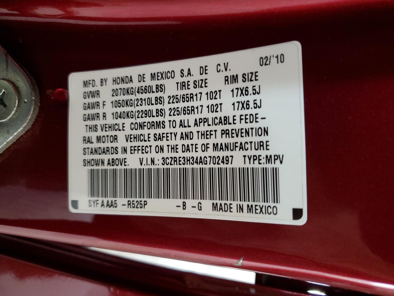 2010 Honda Cr-V Lx VIN: 3CZRE3H34AG702497 Lot: 62681274