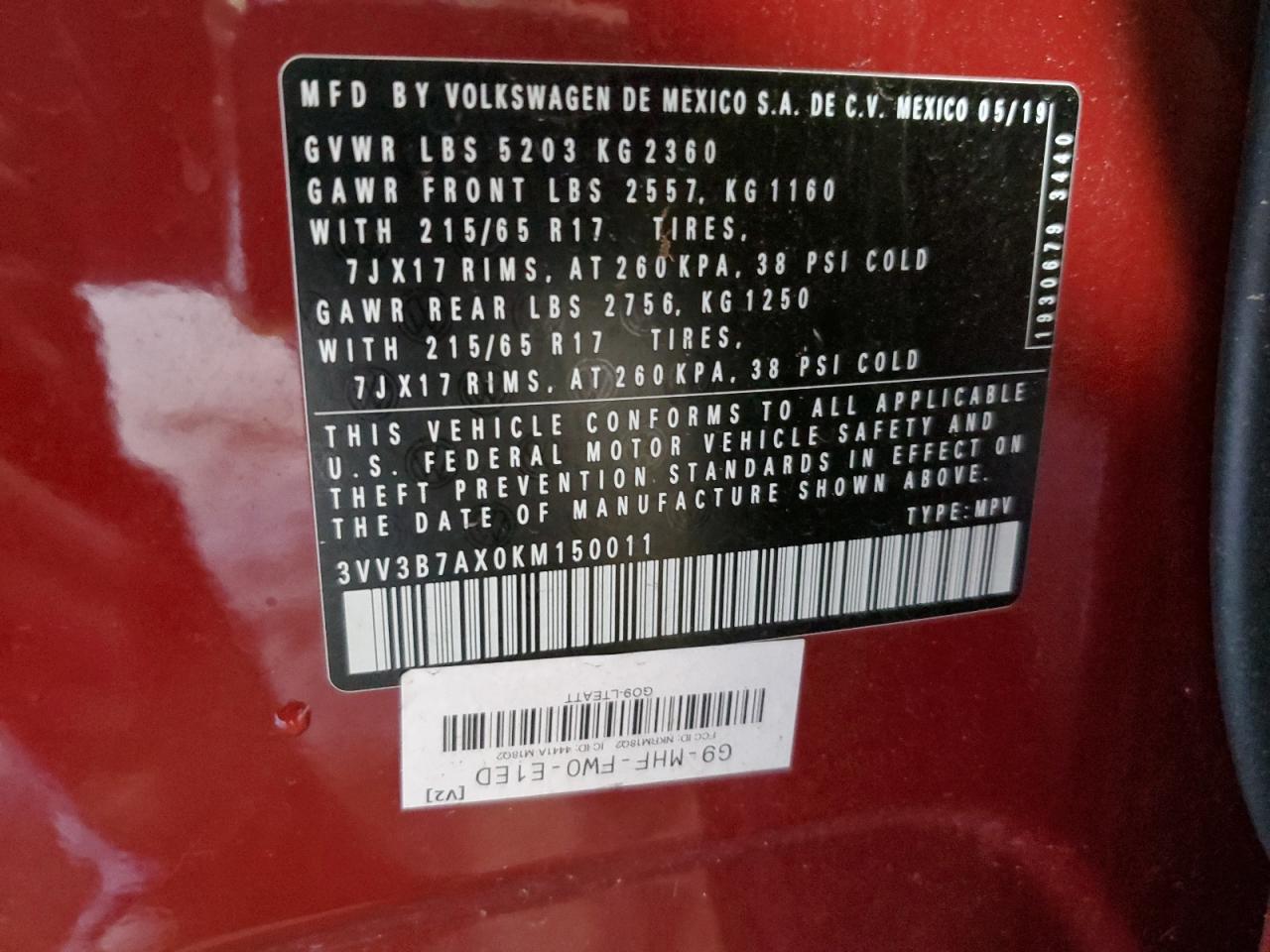 2019 Volkswagen Tiguan Se VIN: 3VV3B7AX0KM150011 Lot: 64015604