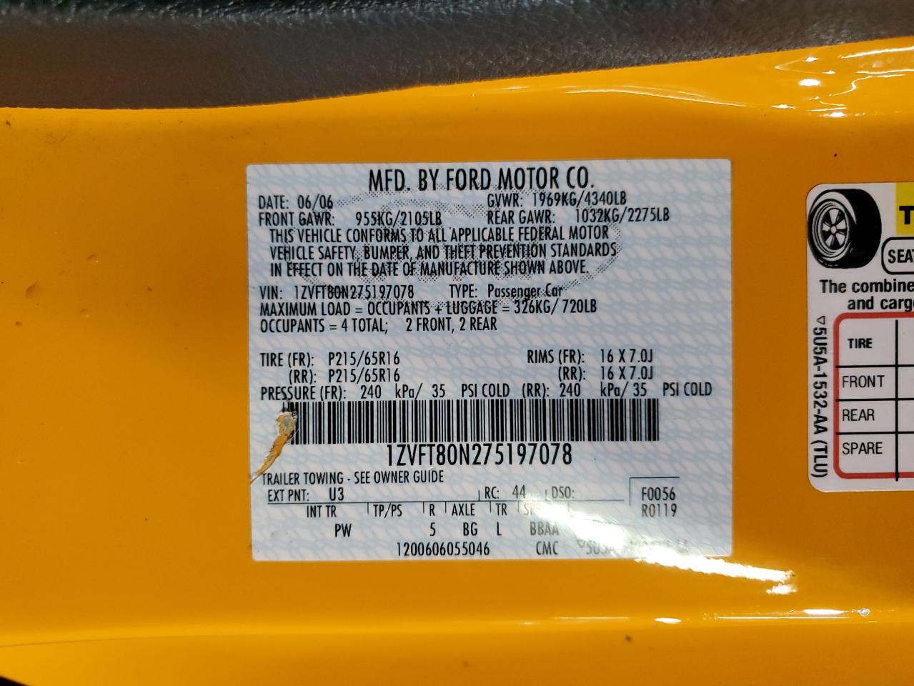 2007 Ford Mustang VIN: 1ZVFT80N275197078 Lot: 62989544