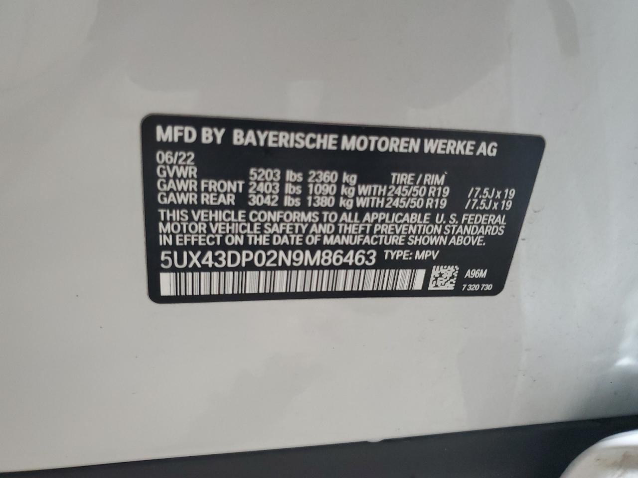 2022 BMW X3 Sdrive30I VIN: 5UX43DP02N9M86463 Lot: 64509944