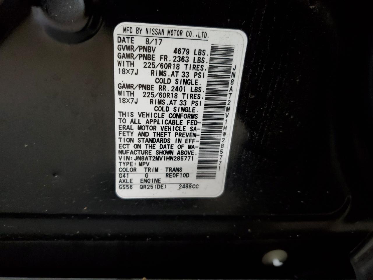 2017 Nissan Rogue S VIN: JN8AT2MV1HW285771 Lot: 64196154