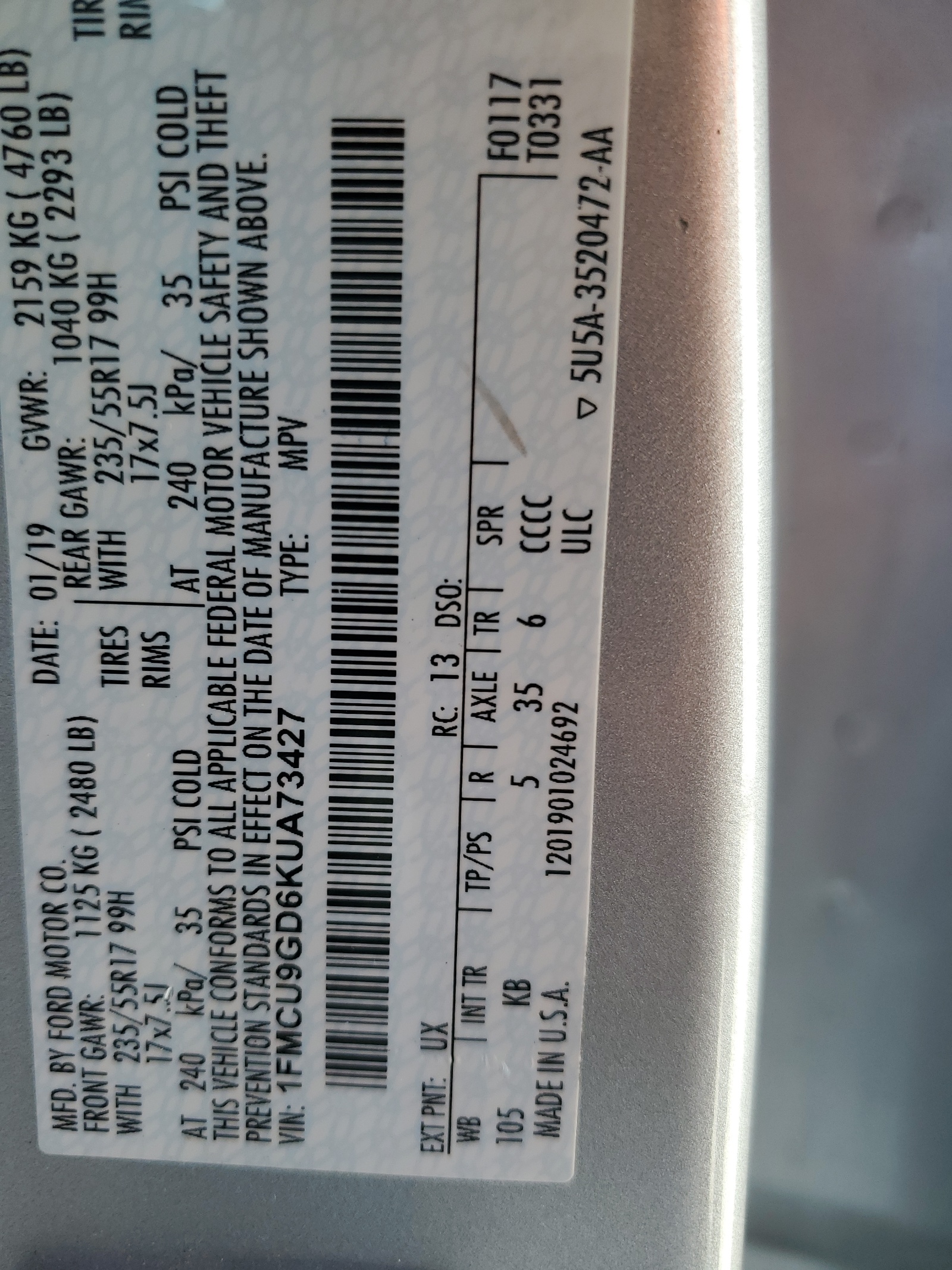 1FMCU9GD6KUA73427 2019 Ford Escape Se