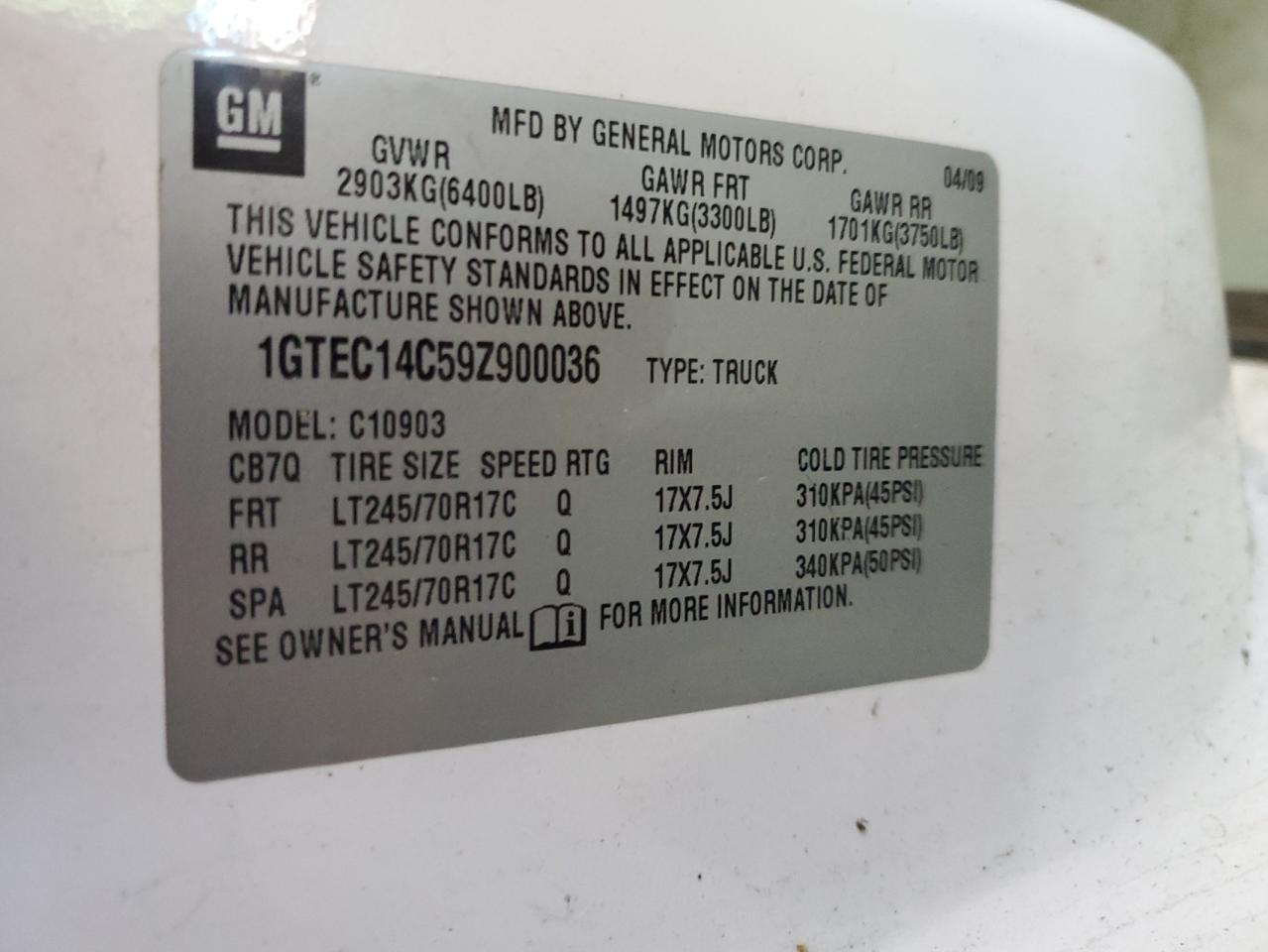 2009 GMC Sierra C1500 VIN: 1GTEC14C59Z900036 Lot: 63706604