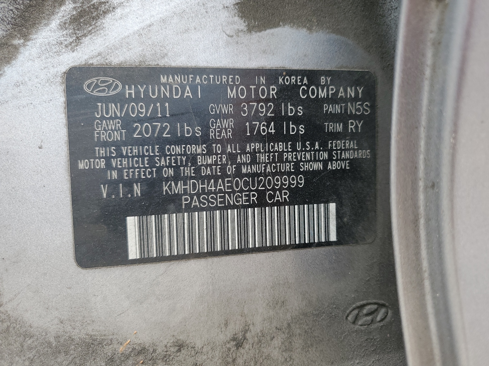 KMHDH4AE0CU209999 2012 Hyundai Elantra Gls