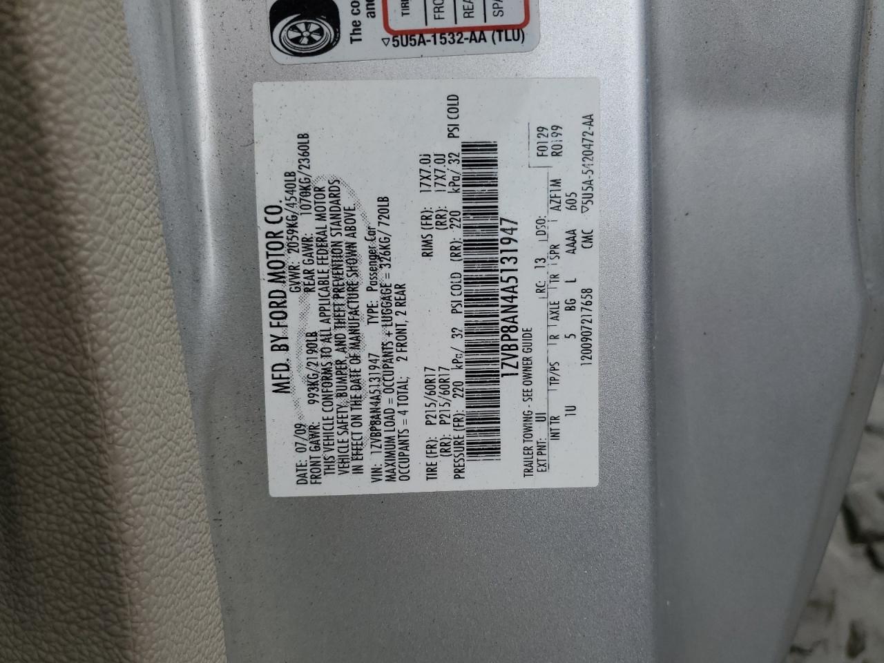 2010 Ford Mustang VIN: 1ZVBP8AN4A5131947 Lot: 63829234