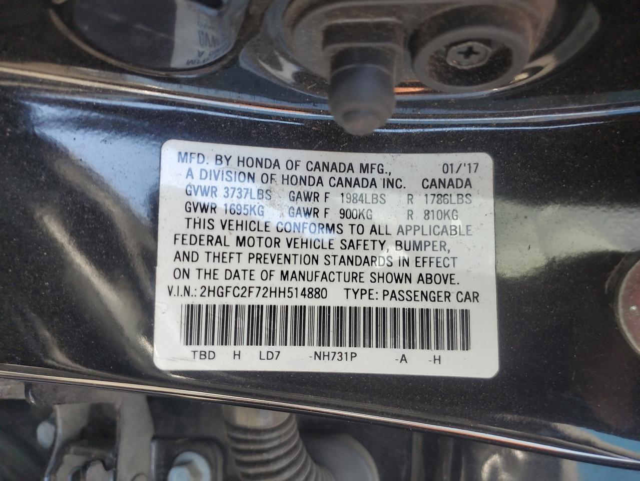 2HGFC2F72HH514880 2017 Honda Civic Ex