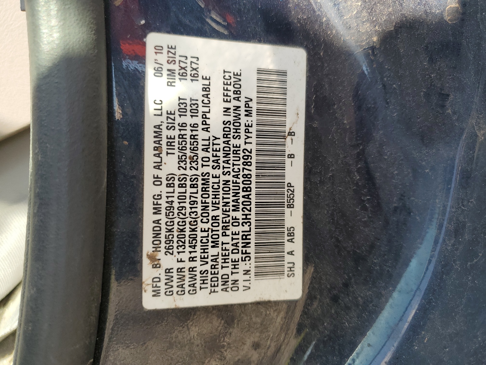 5FNRL3H20AB087892 2010 Honda Odyssey Lx