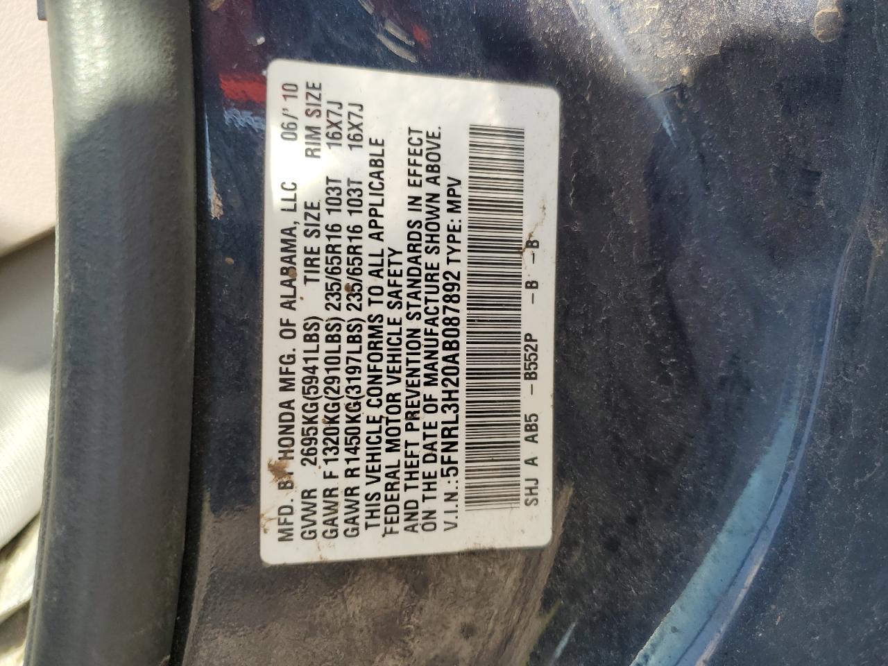 2010 Honda Odyssey Lx VIN: 5FNRL3H20AB087892 Lot: 63962024