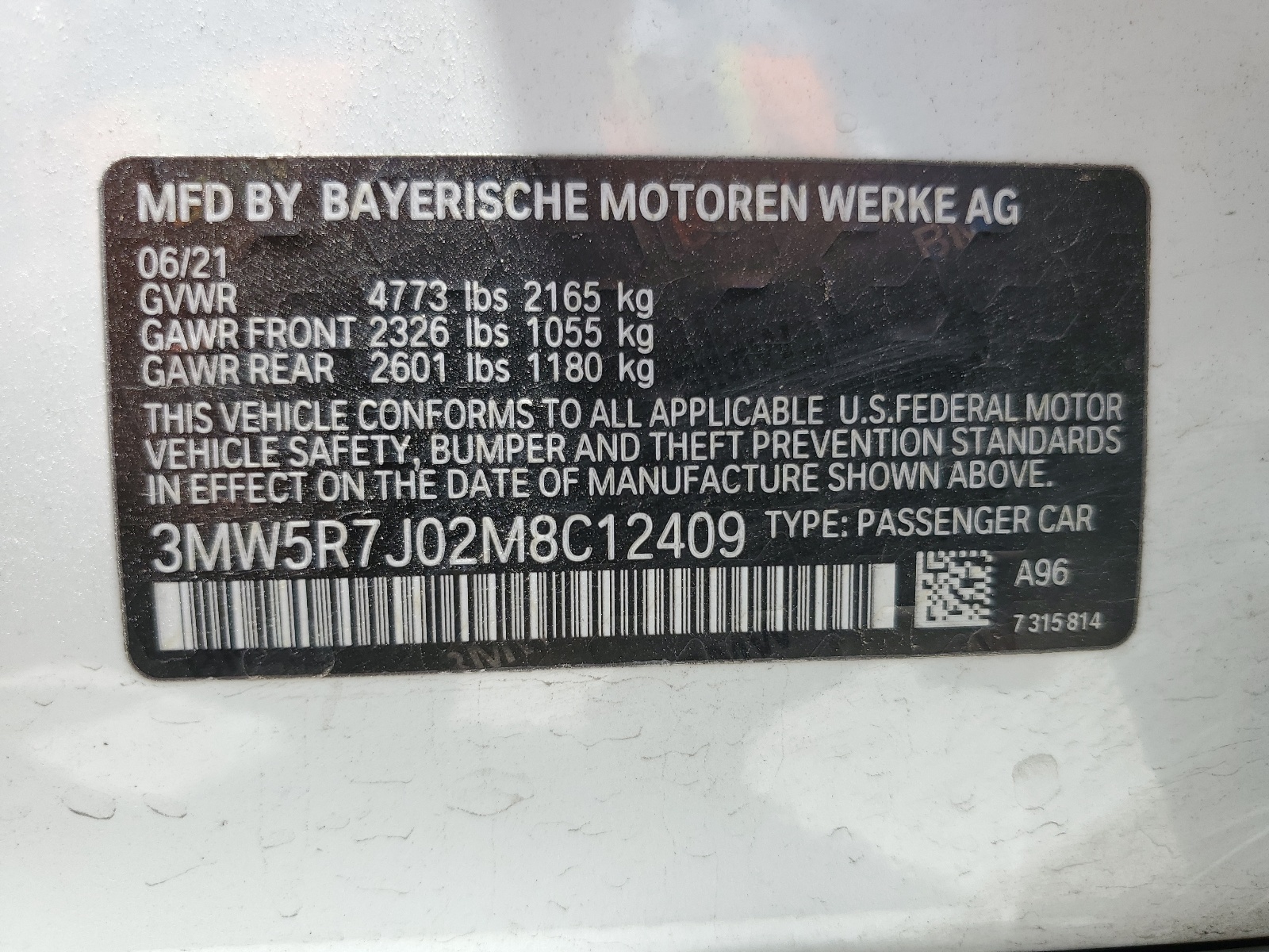 3MW5R7J02M8C12409 2021 BMW 330Xi