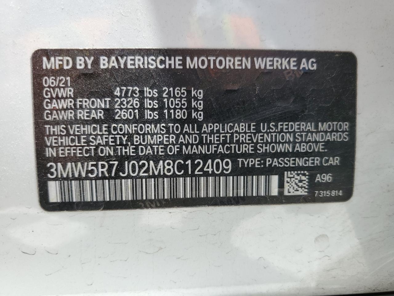2021 BMW 330Xi VIN: 3MW5R7J02M8C12409 Lot: 61878724