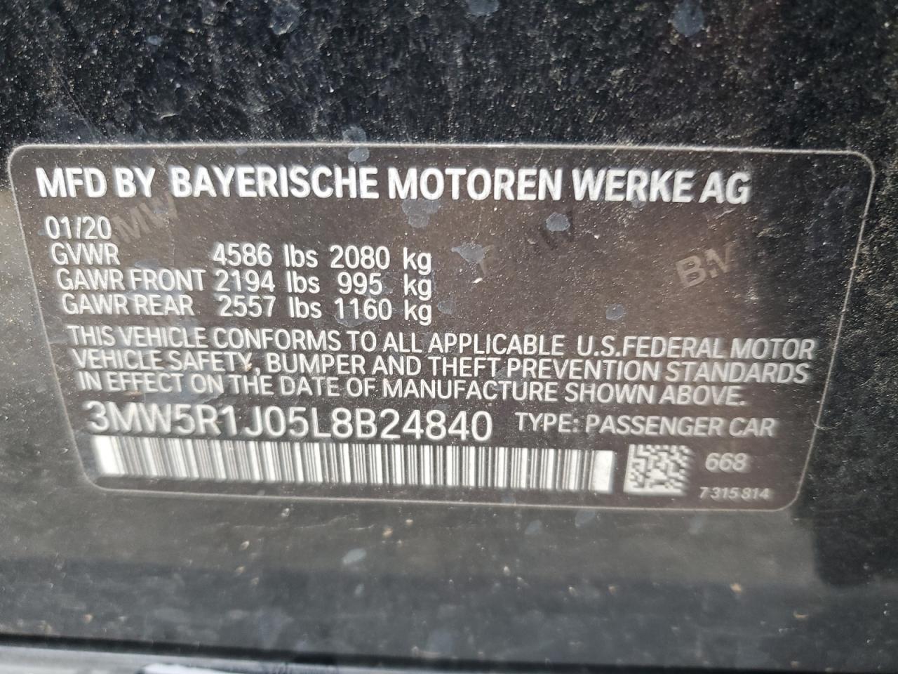 2020 BMW 330I VIN: 3MW5R1J05L8B24840 Lot: 64898484