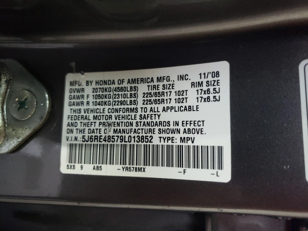 2009 Honda Cr-V Ex VIN: 5J6RE48579L013852 Lot: 62446394