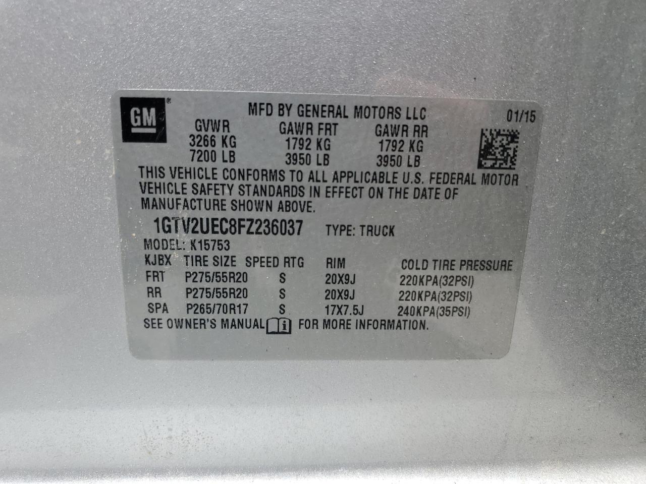2015 GMC Sierra K1500 Sle VIN: 1GTV2UEC8FZ236037 Lot: 62330954