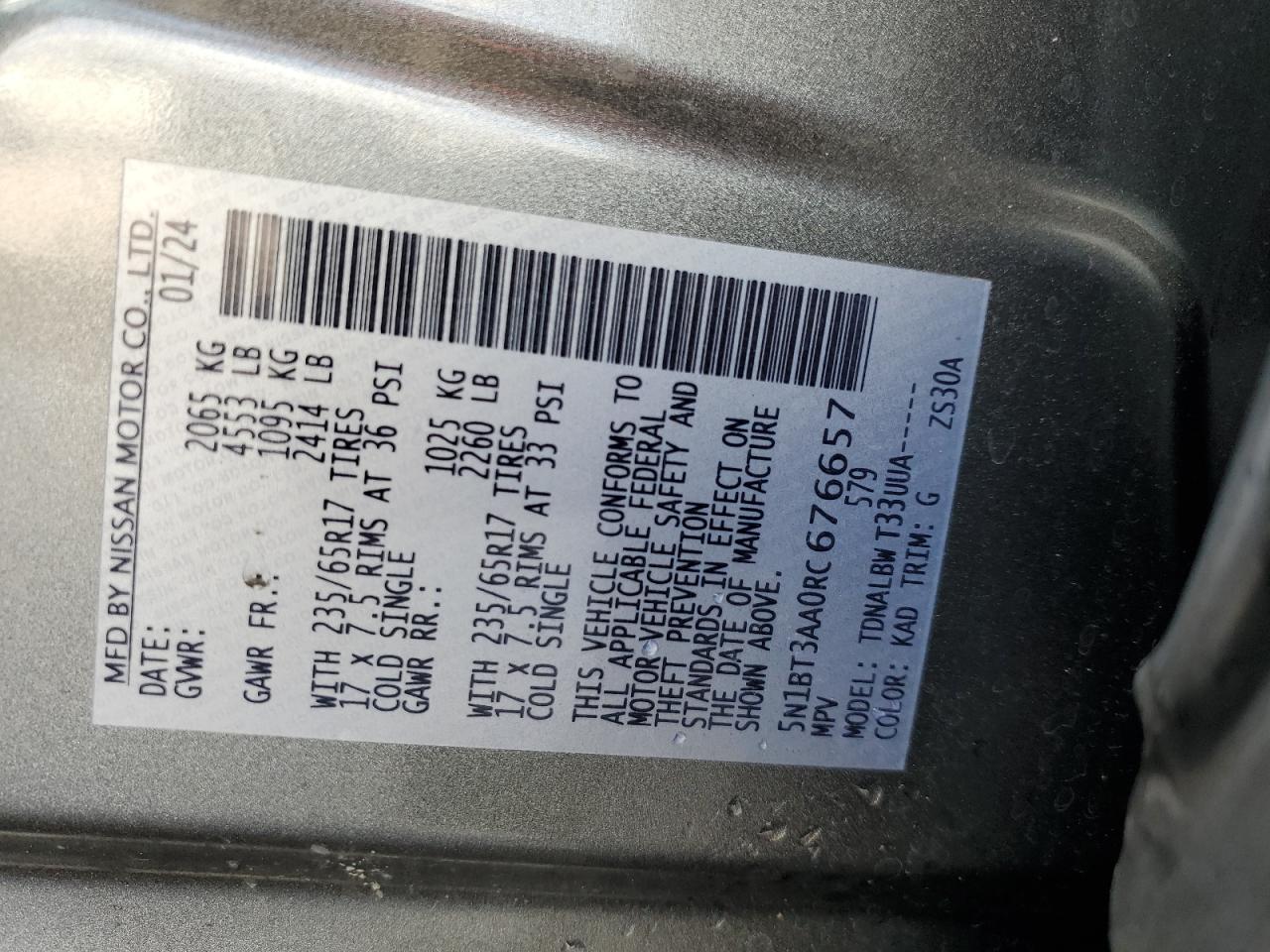 2024 Nissan Rogue S VIN: 5N1BT3AA0RC676657 Lot: 64392554