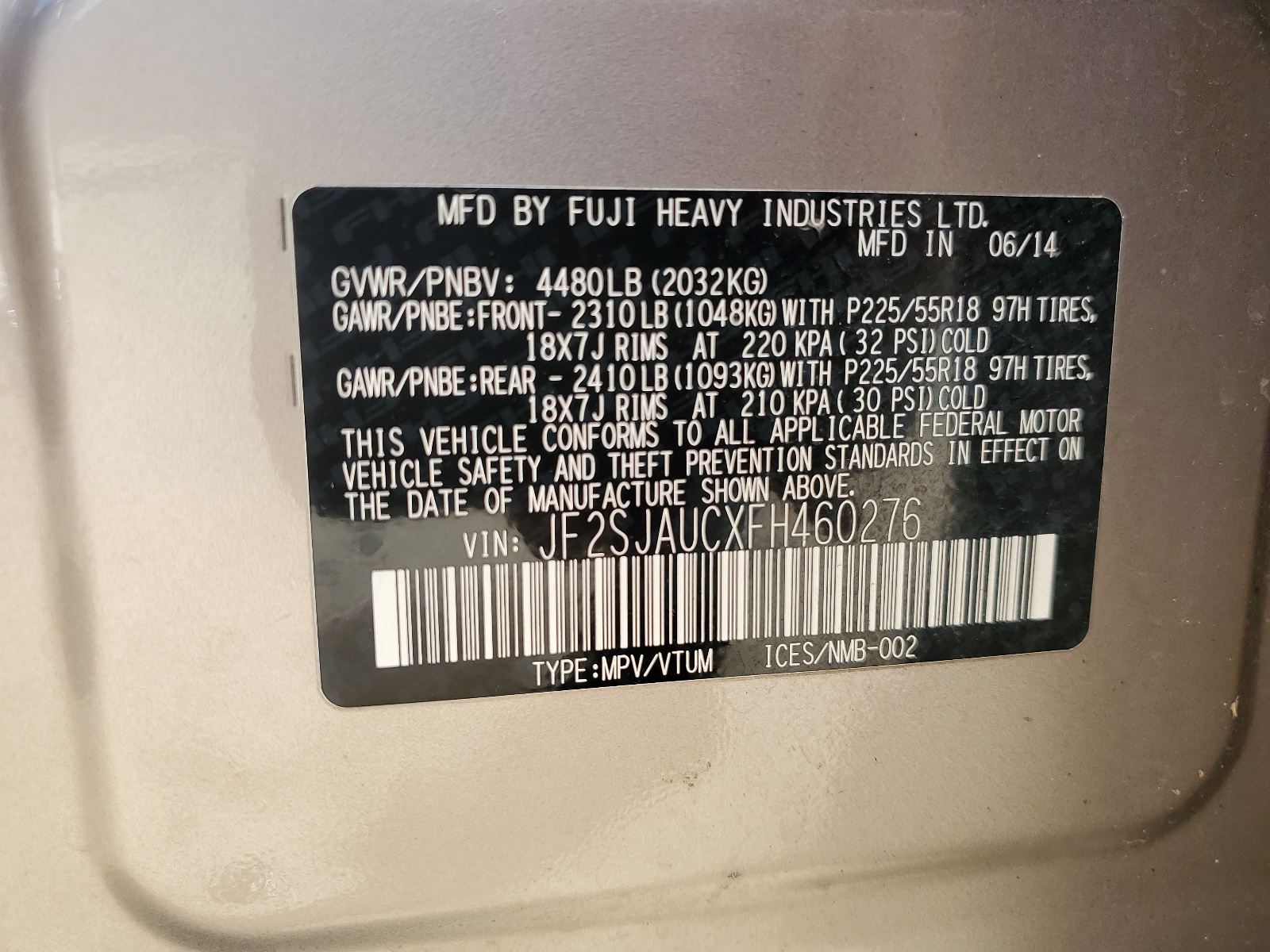 JF2SJAUCXFH460276 2015 Subaru Forester 2.5I Touring