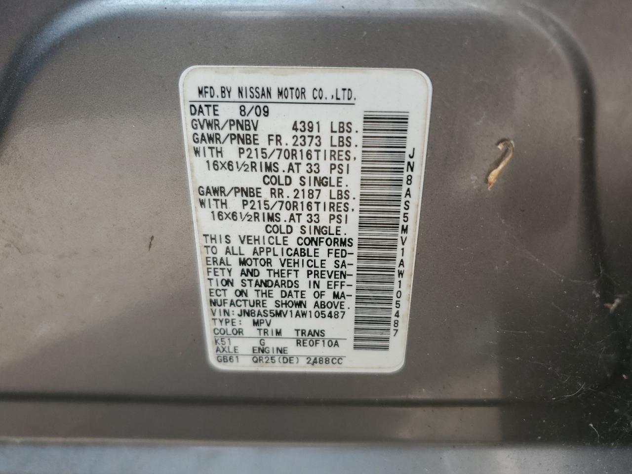 2010 Nissan Rogue S VIN: JN8AS5MV1AW105487 Lot: 61804344