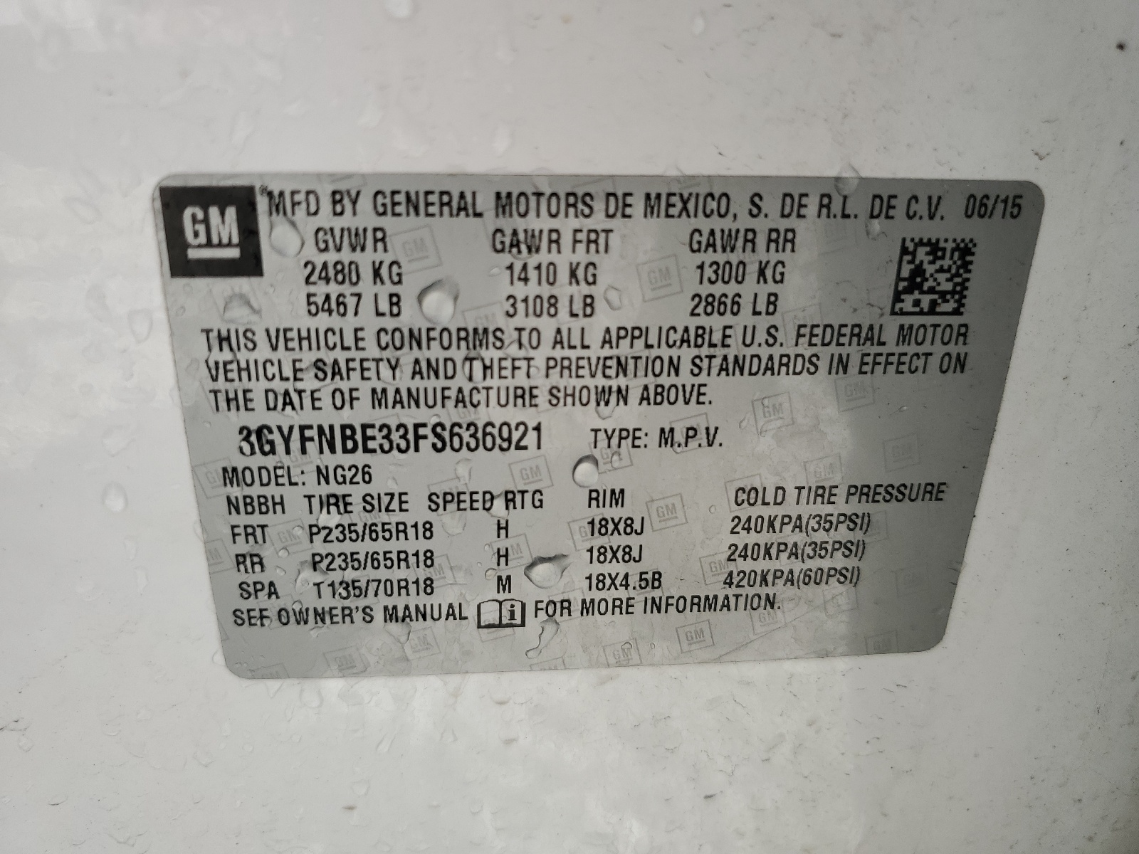 3GYFNBE33FS636921 2015 Cadillac Srx Luxury Collection