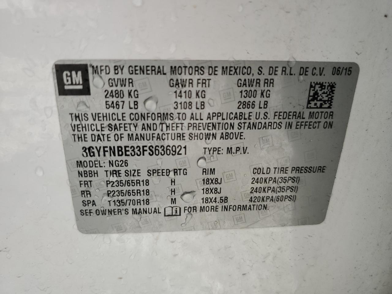 2015 Cadillac Srx Luxury Collection VIN: 3GYFNBE33FS636921 Lot: 64265264