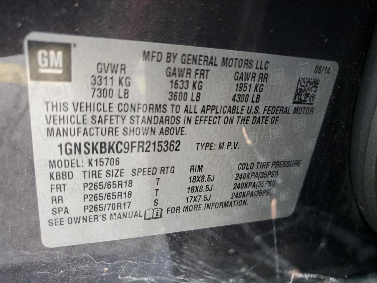 2015 Chevrolet Tahoe K1500 Lt VIN: 1GNSKBKC9FR215362 Lot: 64779434