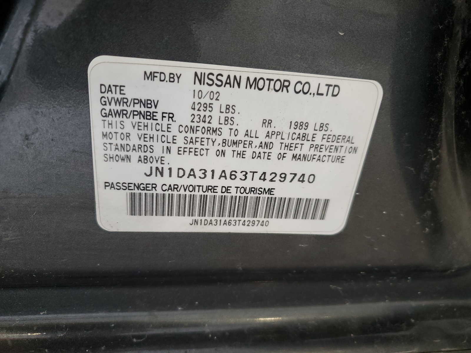 JN1DA31A63T429740 2003 Nissan Maxima Gle