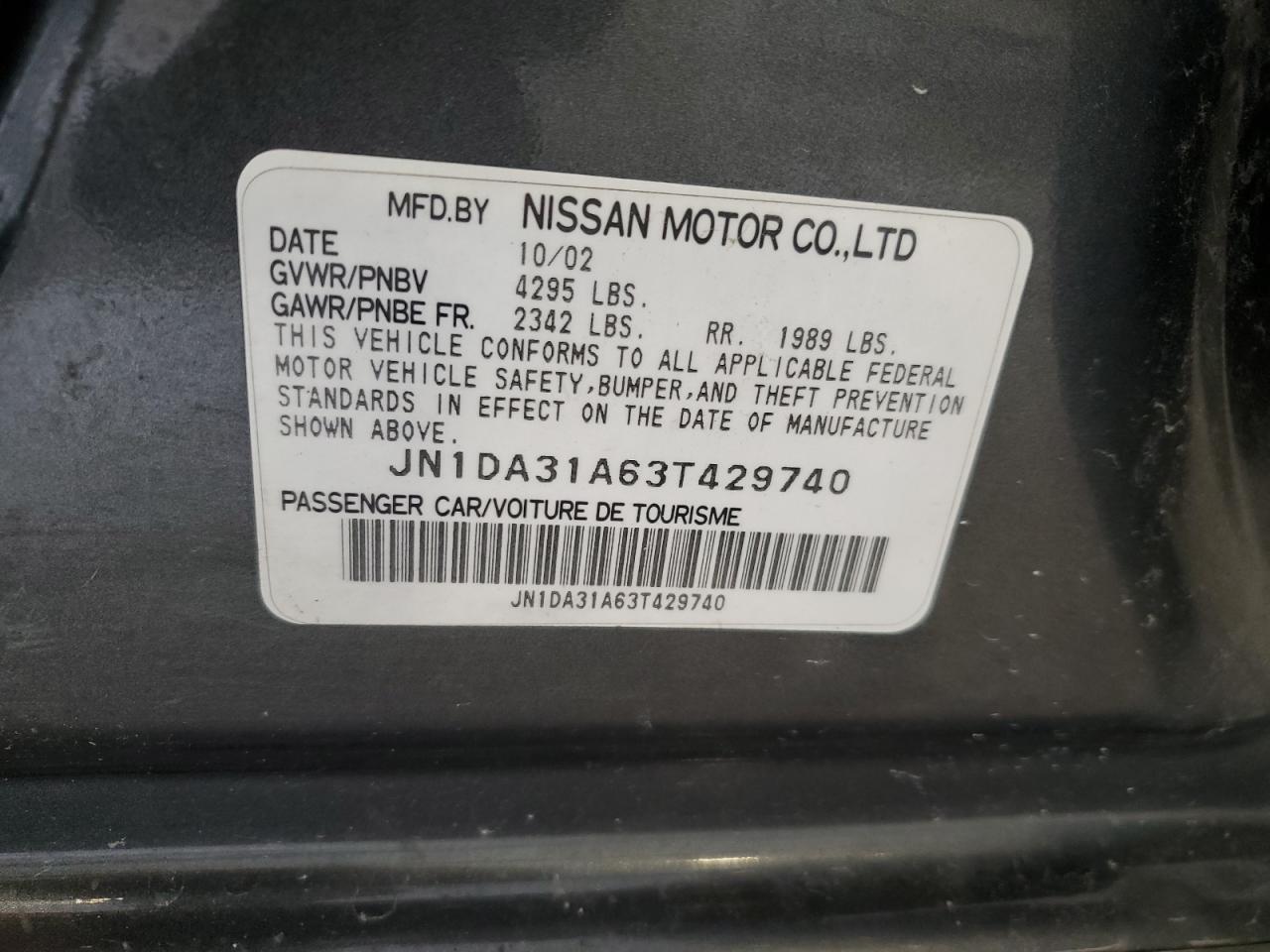 2003 Nissan Maxima Gle VIN: JN1DA31A63T429740 Lot: 62446534