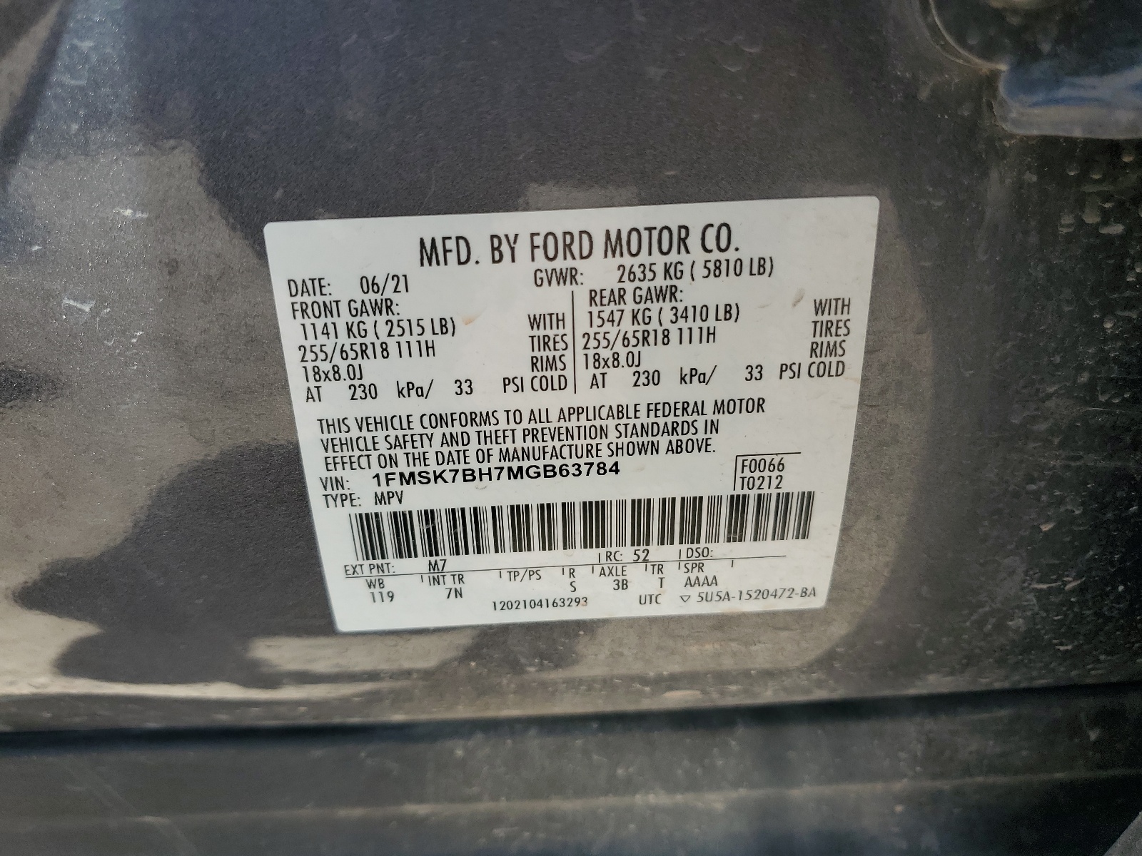 1FMSK7BH7MGB63784 2021 Ford Explorer