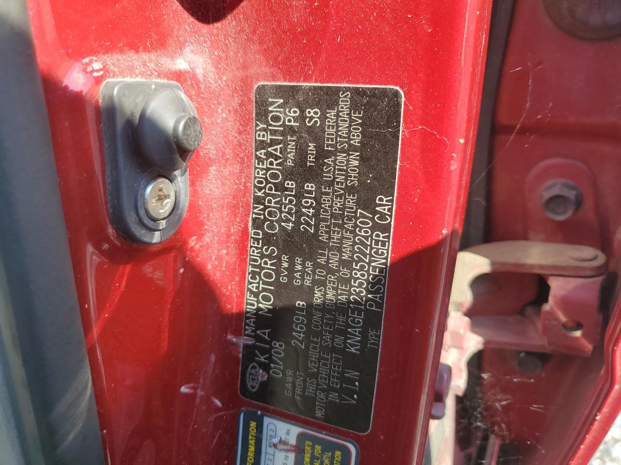 2008 Kia Optima Lx VIN: KNAGE123585222607 Lot: 63091904