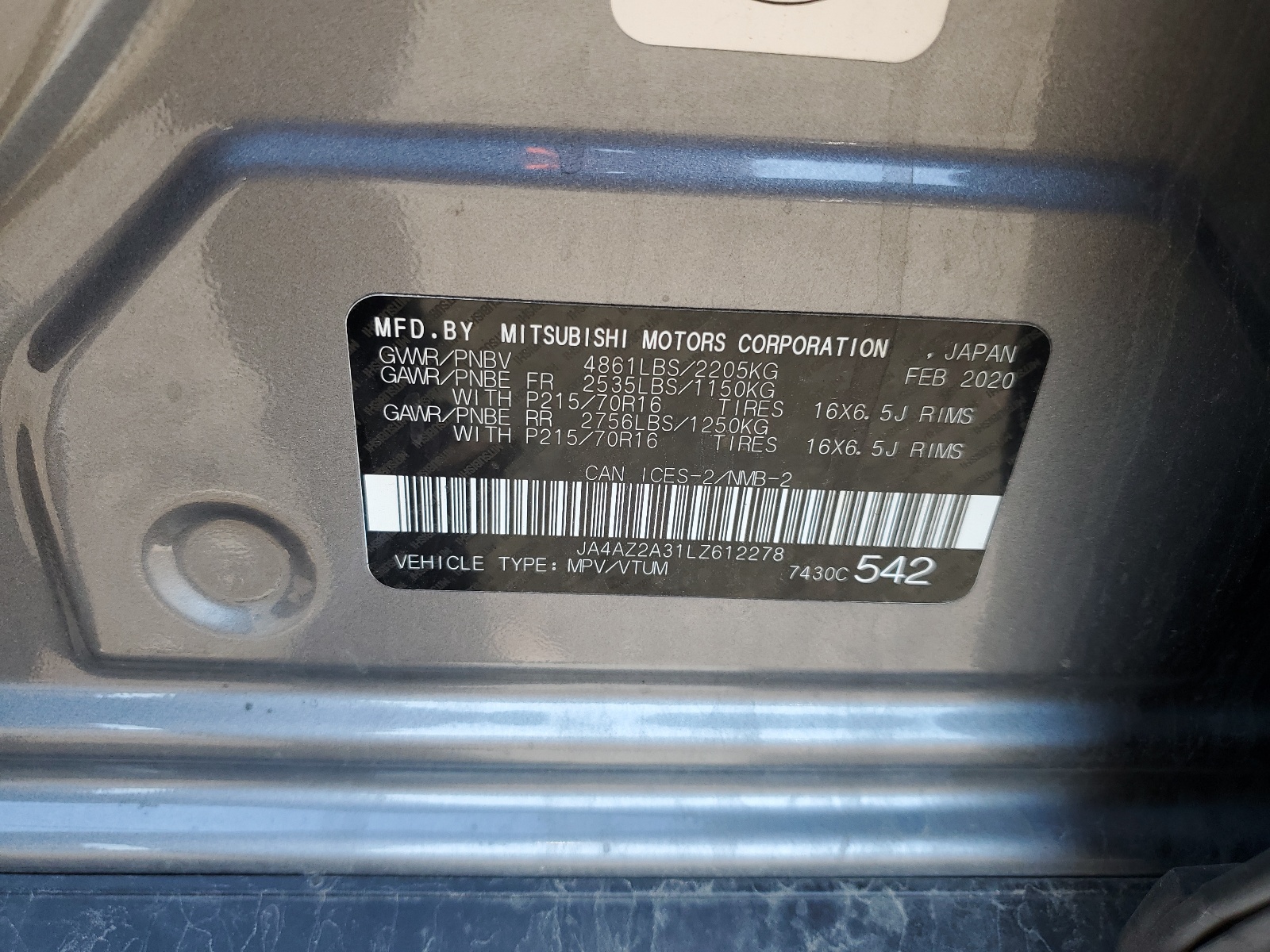 JA4AZ2A31LZ612278 2020 Mitsubishi Outlander Es