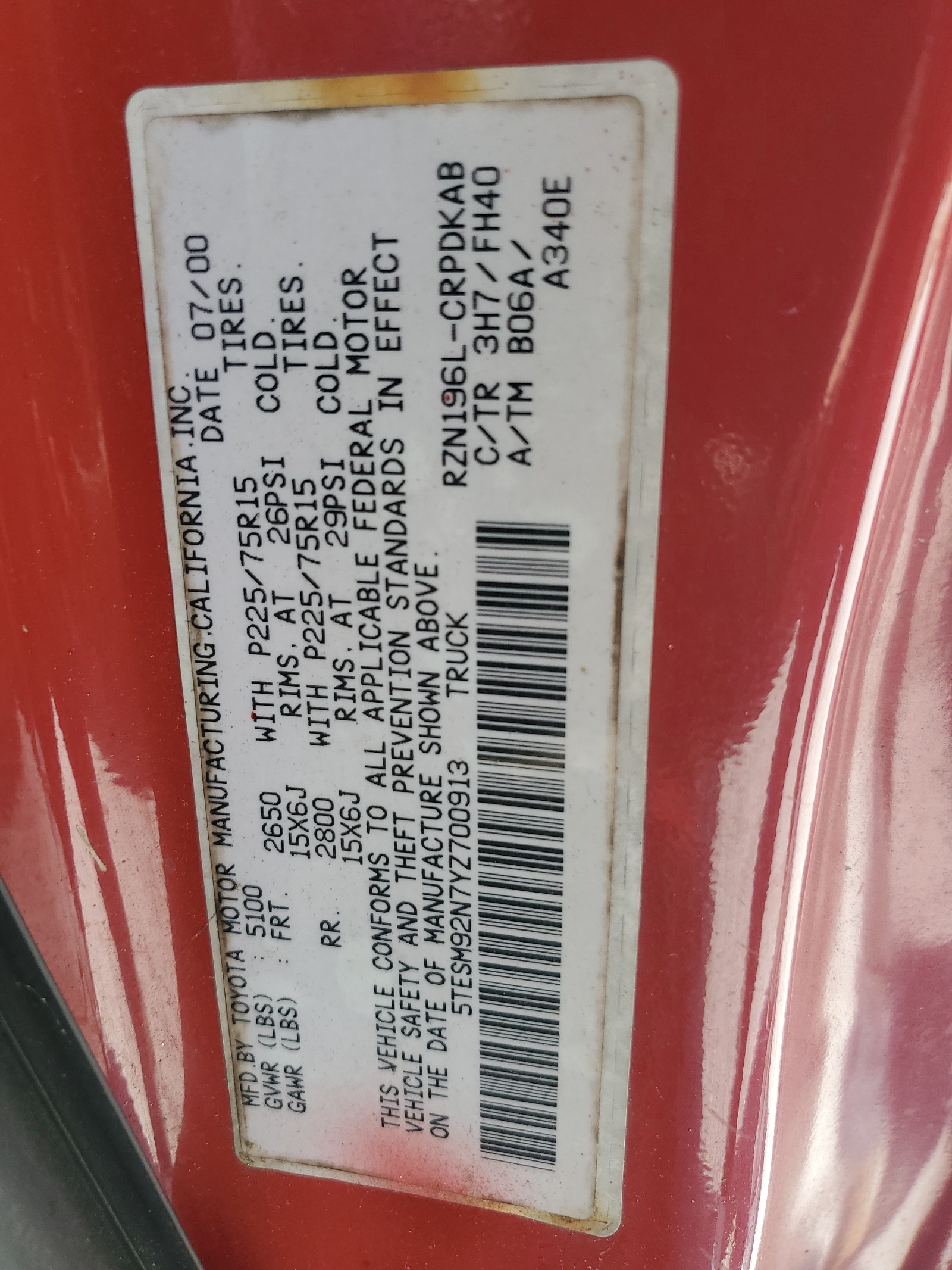 5TESM92N7YZ700913 2000 Toyota Tacoma Xtracab Prerunner