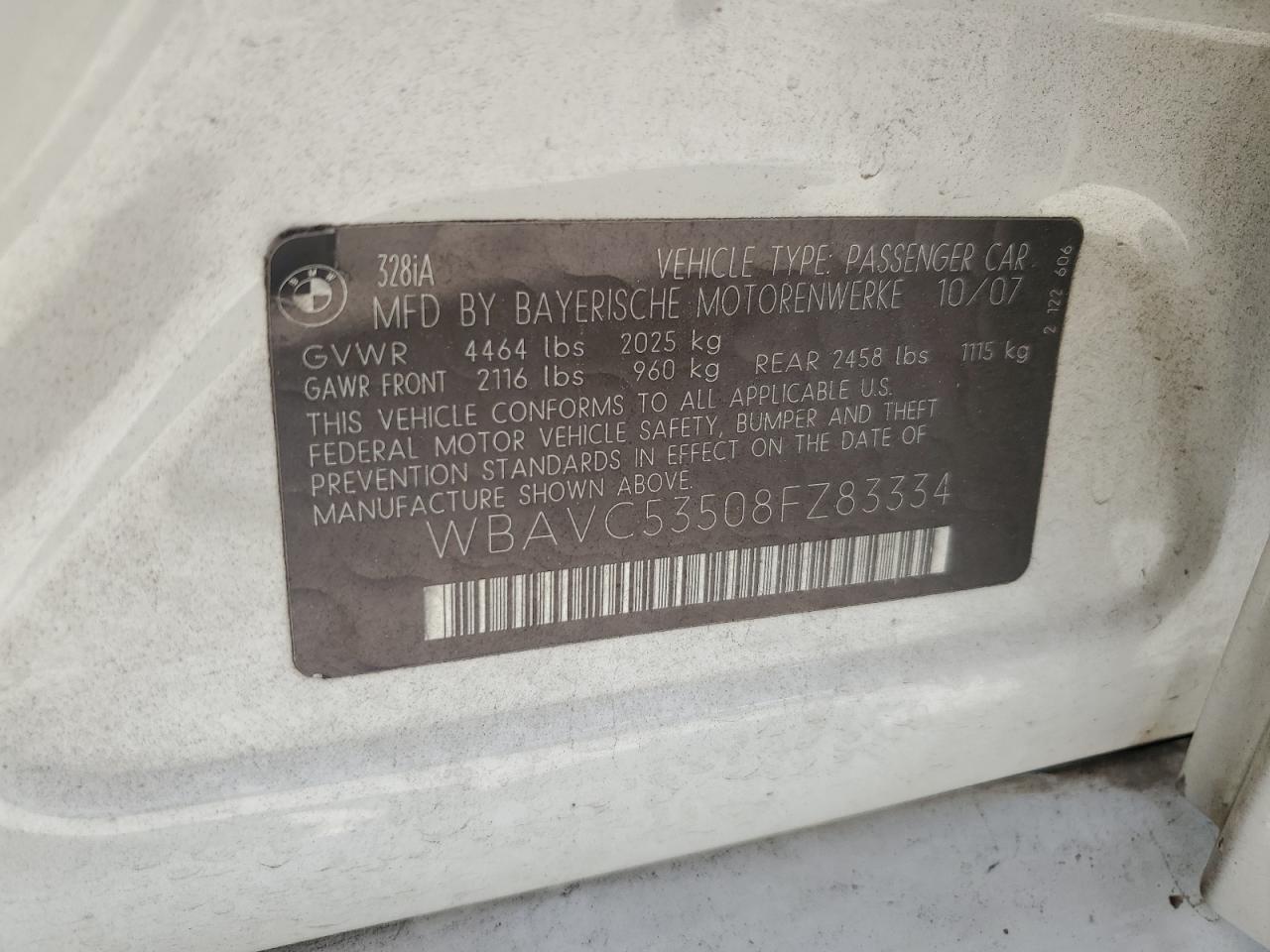 2008 BMW 328 I Sulev VIN: WBAVC53508FZ83334 Lot: 61735264