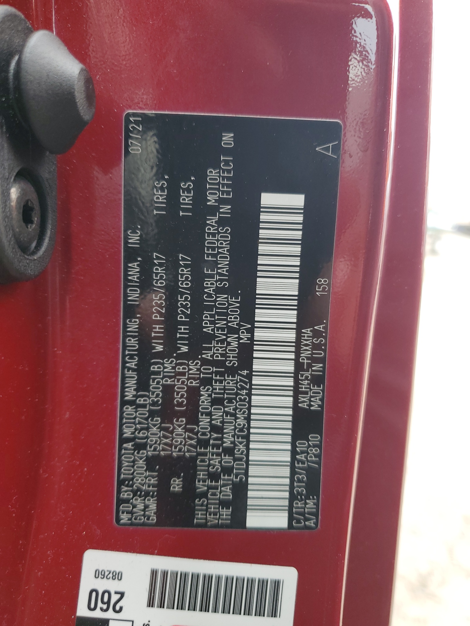 5TDJSKFC9MS034274 2021 Toyota Sienna Xle