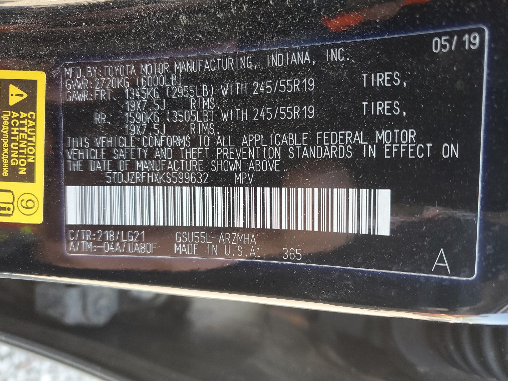 5TDJZRFHXKS599632 2019 Toyota Highlander Se