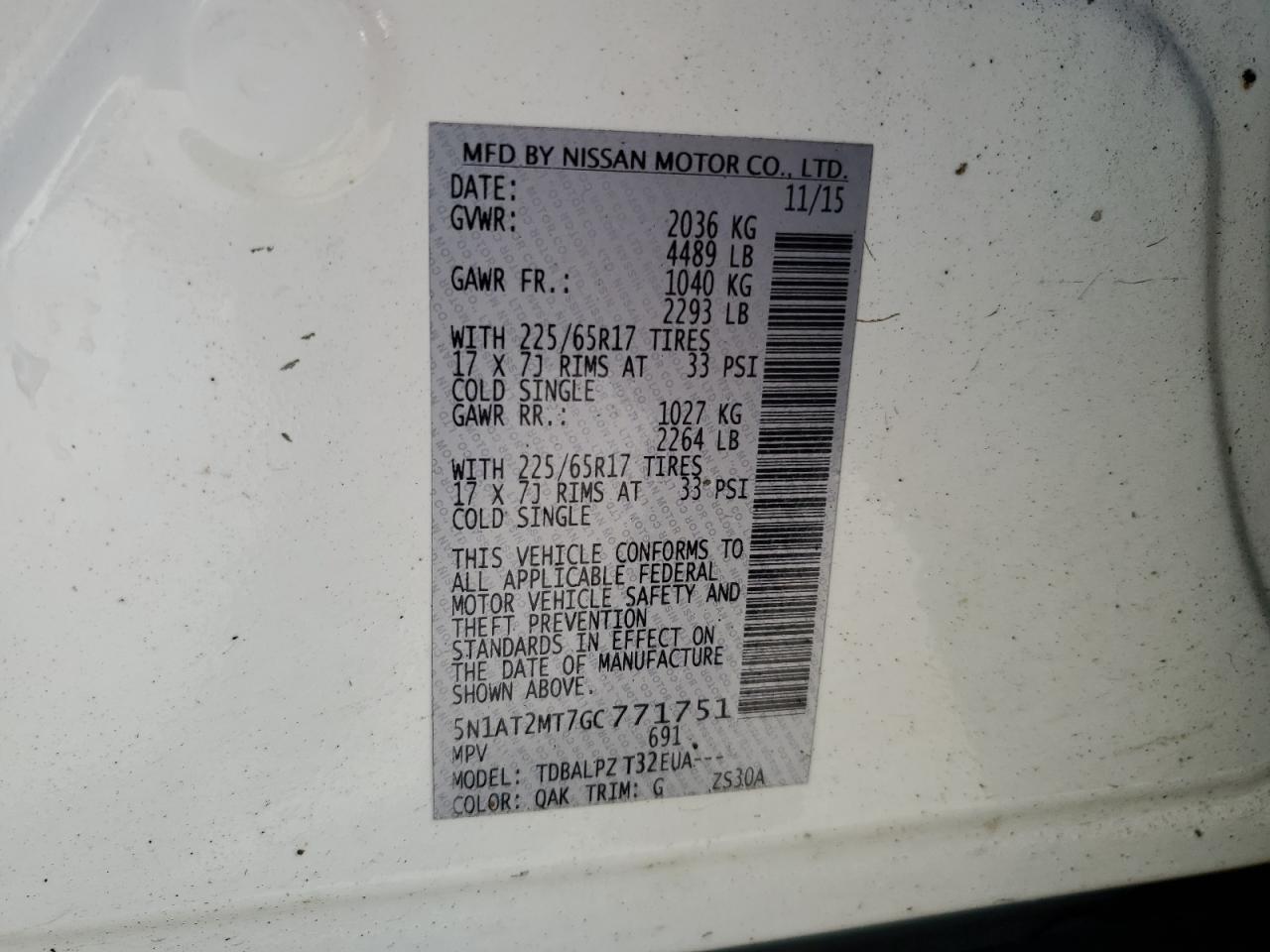 2016 Nissan Rogue S VIN: 5N1AT2MT7GC771751 Lot: 62570354