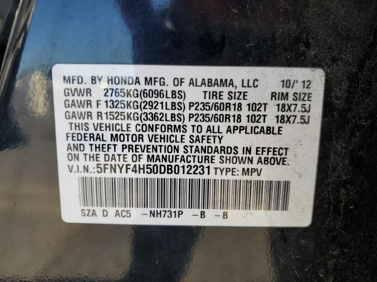 2013 Honda Pilot Exl VIN: 5FNYF4H50DB012231 Lot: 61282254