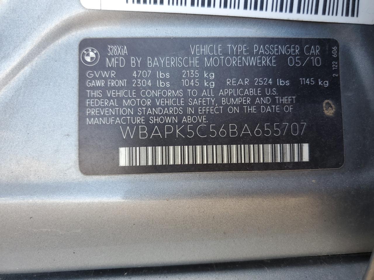 2011 BMW 328 Xi Sulev VIN: WBAPK5C56BA655707 Lot: 61808104