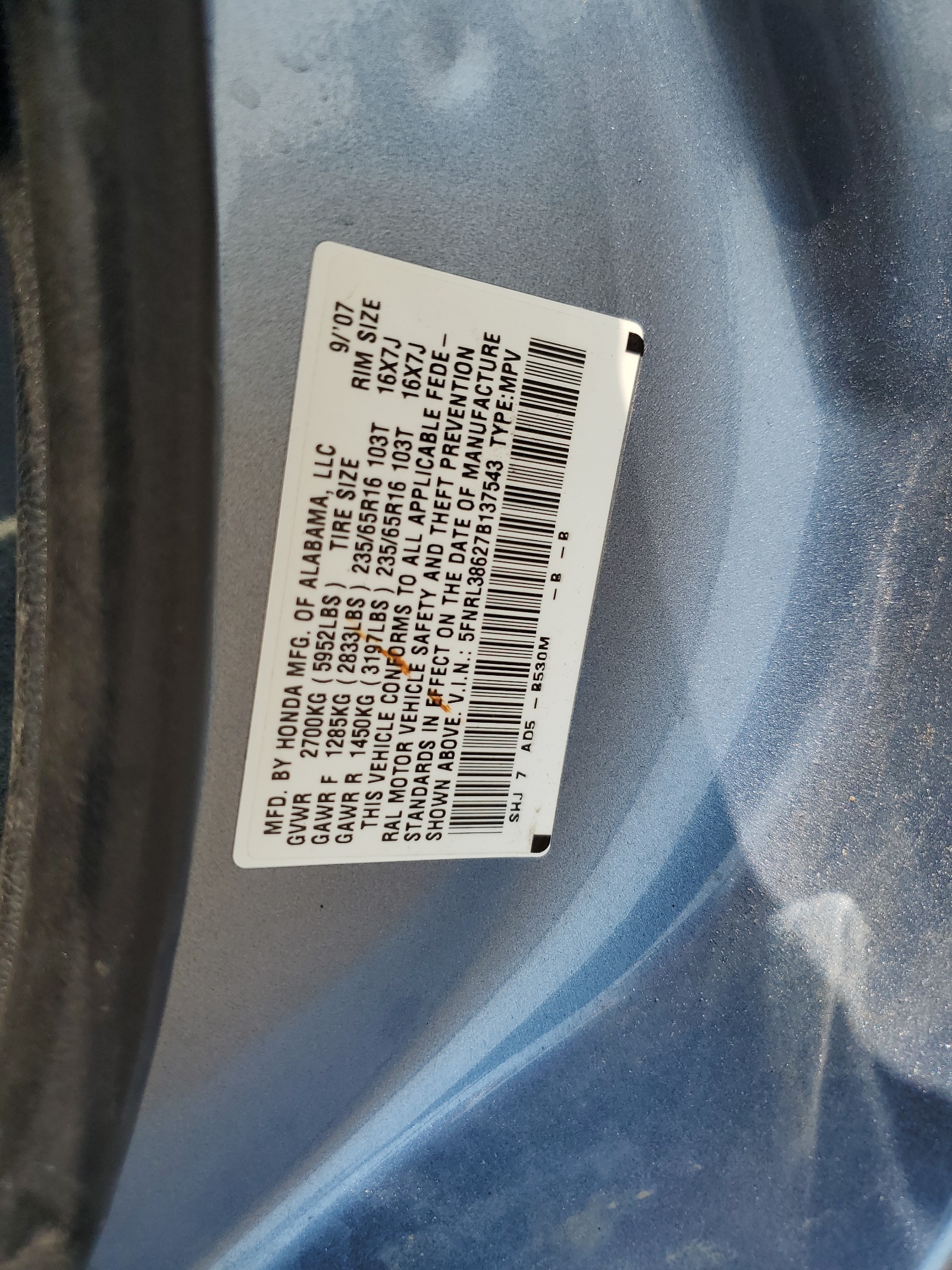 5FNRL38627B137543 2007 Honda Odyssey Exl