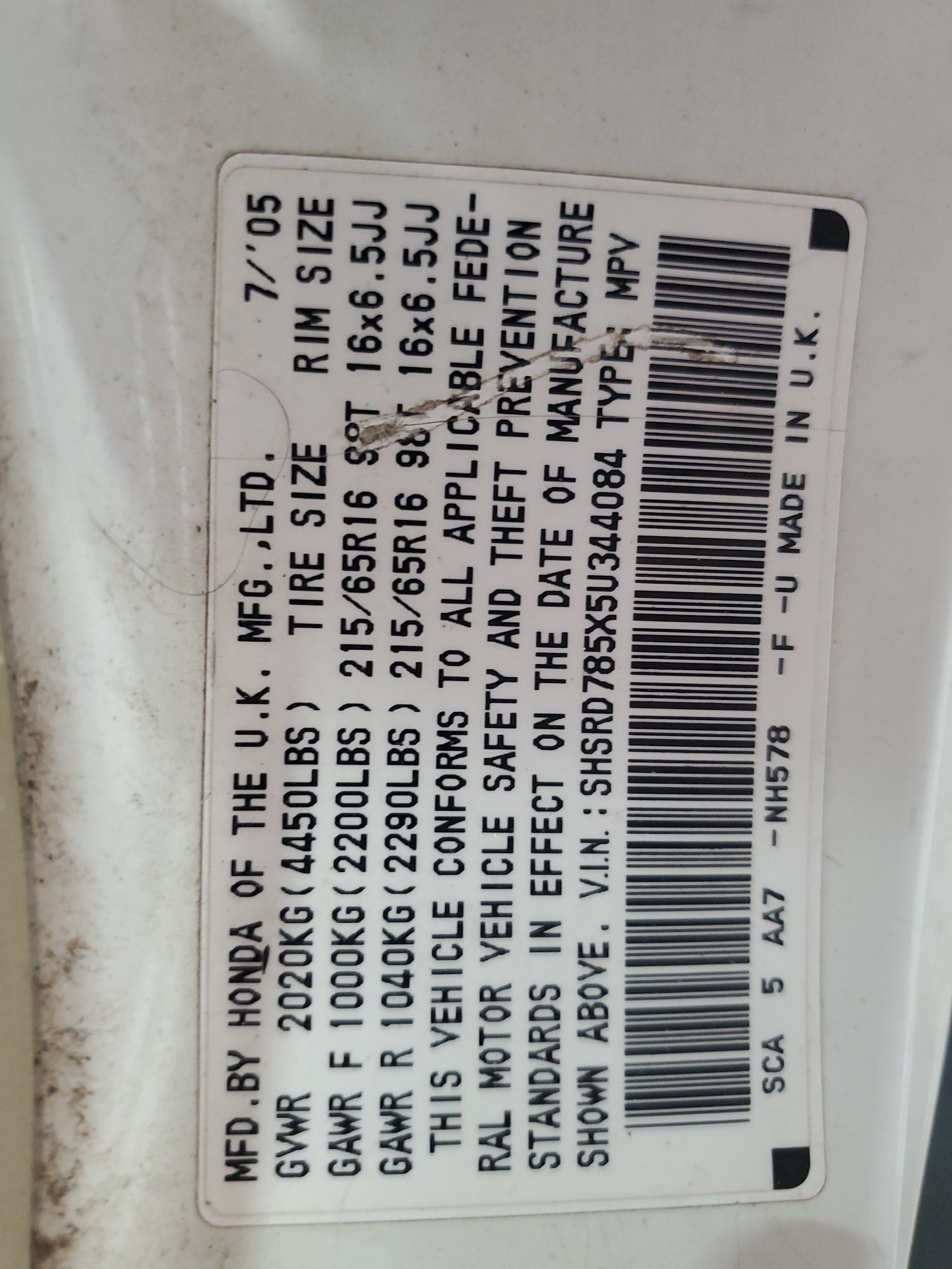SHSRD785X5U344084 2005 Honda Cr-V Lx