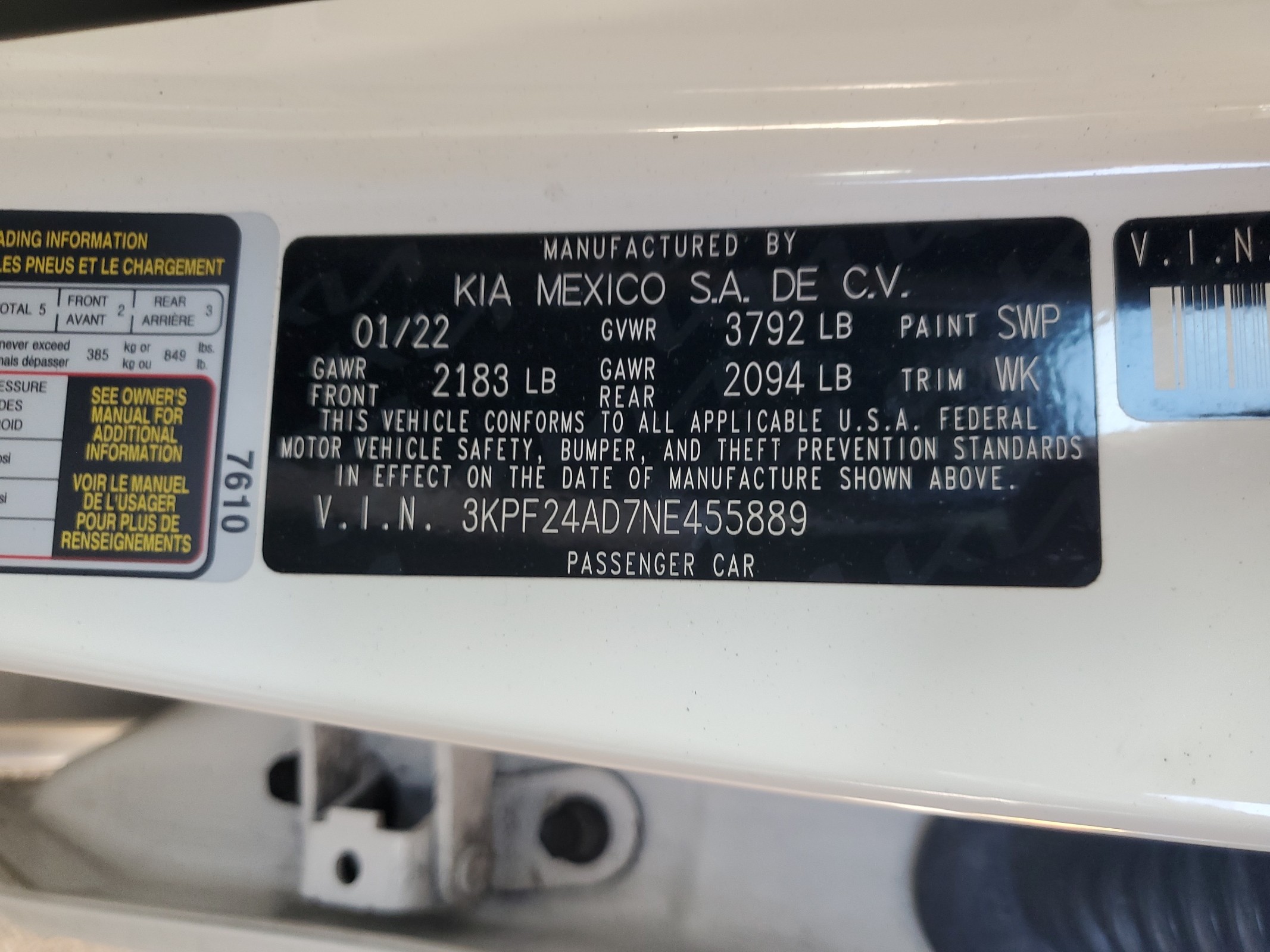 3KPF24AD7NE455889 2022 Kia Forte Fe